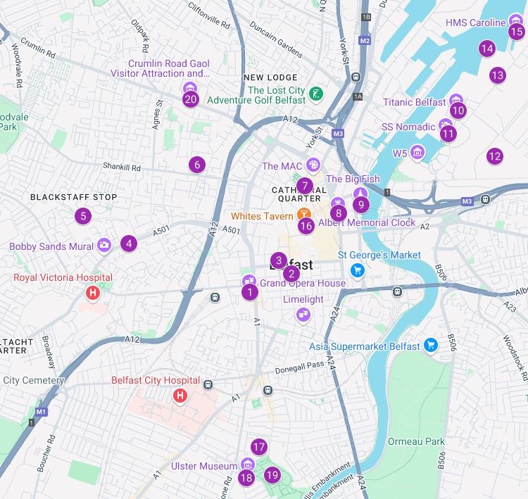 Mapa indicando los lugares más interesantes que ver en Belfast