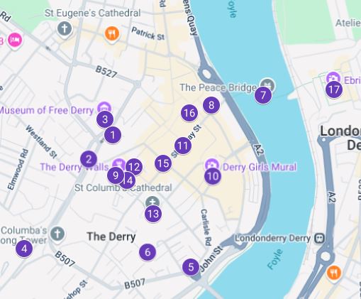Mapa donde se muestran los lugares más interesantes que ver en Derry