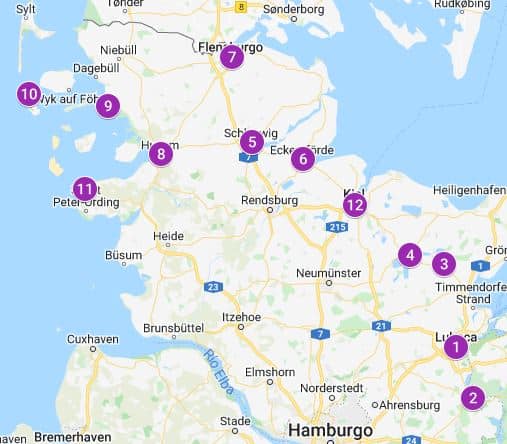 Mapa con los lugares más interesantes de Schleswig Holstein
