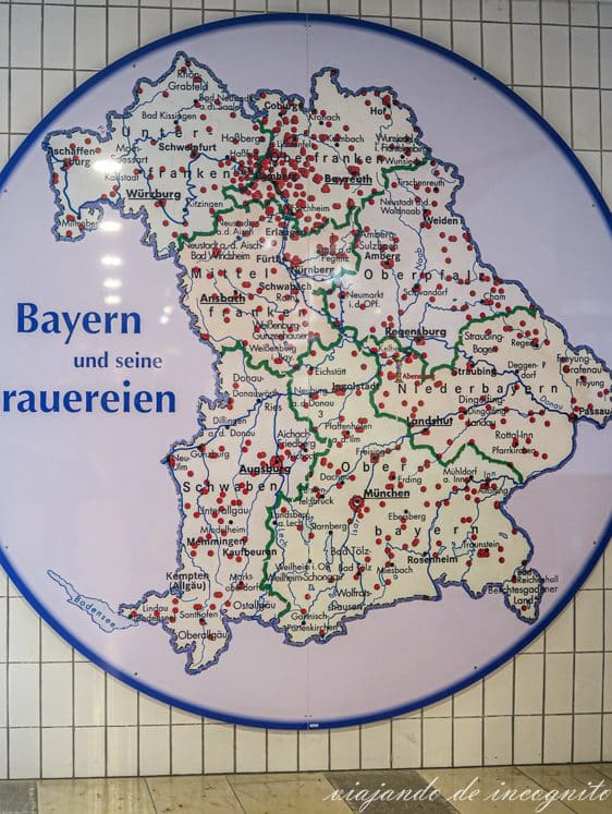 Mapa de Baviera donde están marcadas las fábricas de cerveza
