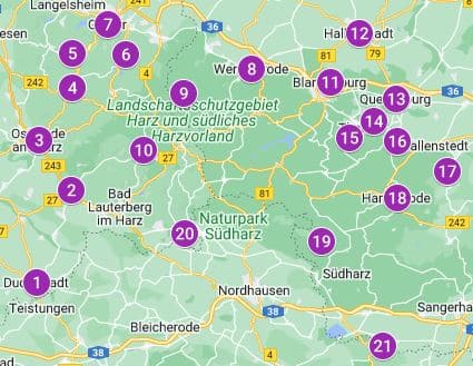 Mapa con los lugares más interesantes del Harz