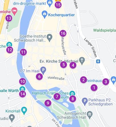 Mapa marcando los lugares más interesantes qué ver en Schwäbisch Hall