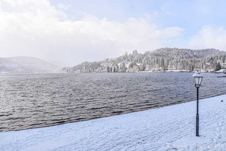 Farola cubierta de nieve a la orilla del Lago Titisee en invierno