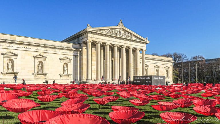 Área frente a la Gliptoteca de Munich cubierta por amapolas de tela en conmemoración al Centenario del Final de la I Guerra Mundial