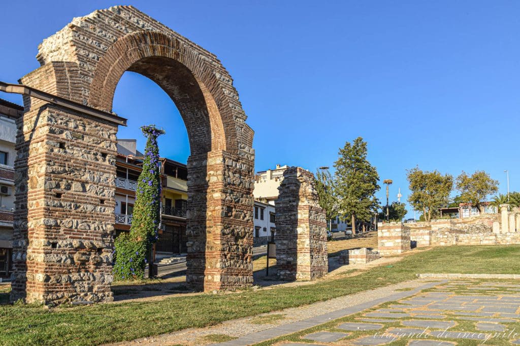 Restos de los arcos del antiguo acueducto romano-bizantino de Selçuk en un parque con árboles