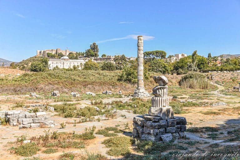 Ruinas del Templo de Artemisa con la fortaleza de Selçuk al fondo