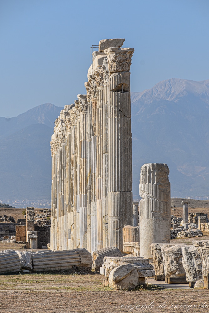 Fila de columnas con capiteles corintios en pie contra un fondo de colinas