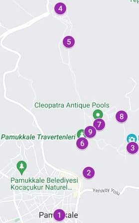 Mapa con los lugares más interesantes de Pamukkale