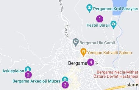 Mapa con los lugares más interesantes de Bergama