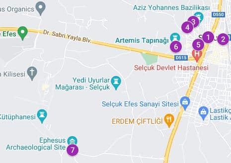 Mapa de Selcuk, donde están marcados sus lugares más interesantes