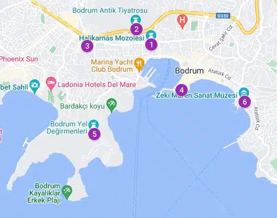 Mapa con los lugares más interesantes de Bodrum