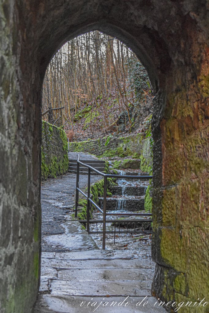 Arco de piedra por donde se ve un camino con escaleras y cubierto de musgo y por donde corre el agua del río