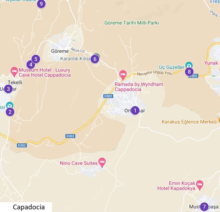 Mapa indicando los lugares que visitamos nuestro primer día en la Capadocia