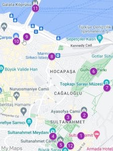 Mapa con los lugares más interesantes de nuestro segundo día en Estambul