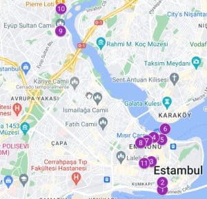 Mapa con los lugares más interesantes de nuestro tercer día en Estambul