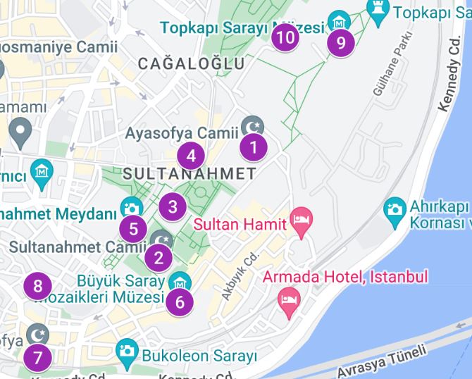 Mapa con los lugares más interesantes de Sultanahmet
