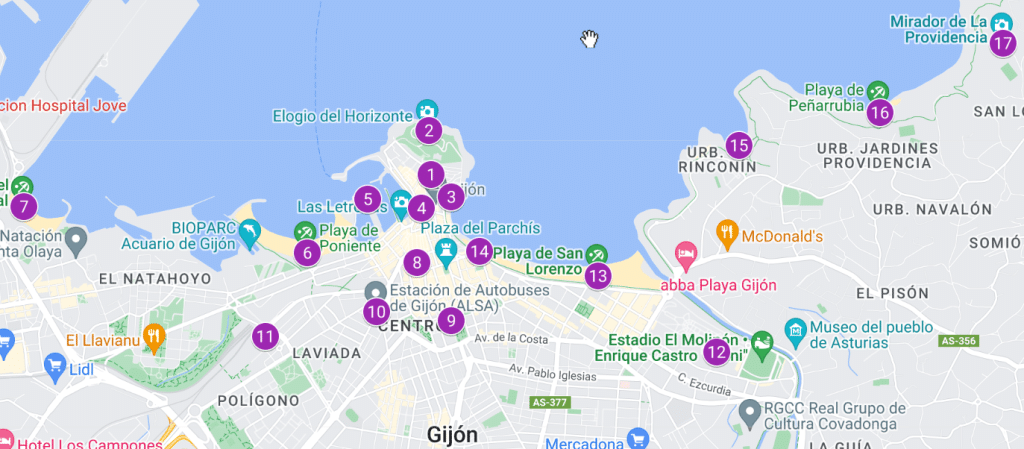 Mapa con los lugares más interesantes de Gijón