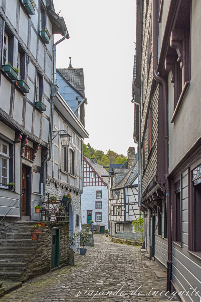 Calle empedrada con casas de pizarra y entramado de madera en Monschau