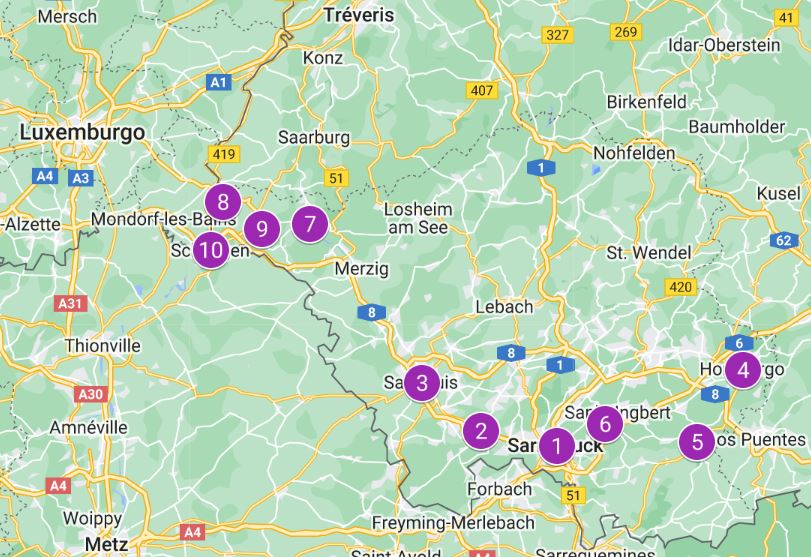 Mapa con los lugares más interesantes de Saarland
