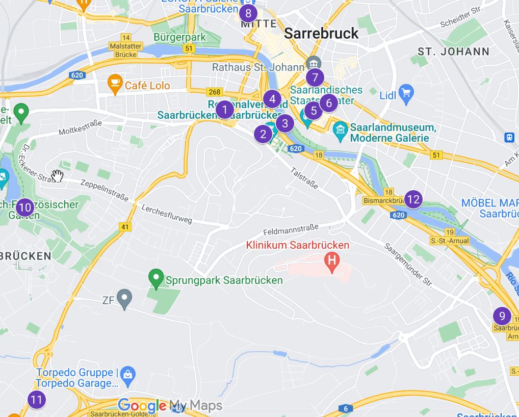 Mapa con los lugares más interesantes de Sarrebruck