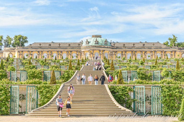 Escaleras frente a palacio de Sanssouci, Potsdam, con gente subiendo