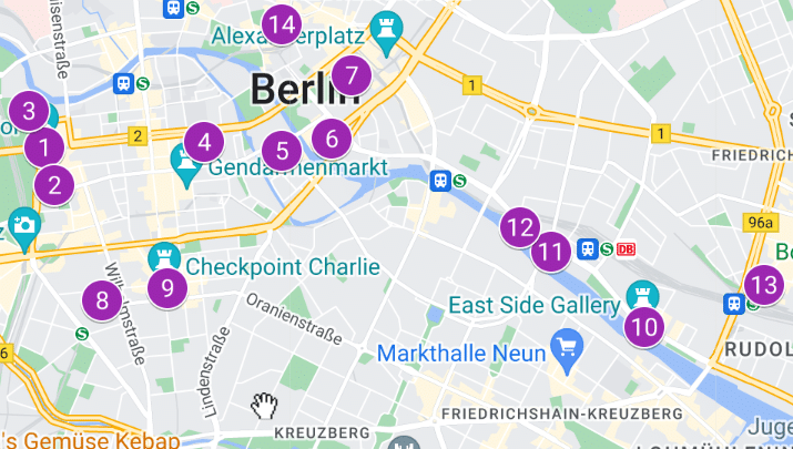 Mapa con los lugares s imprescindibles de Berlín