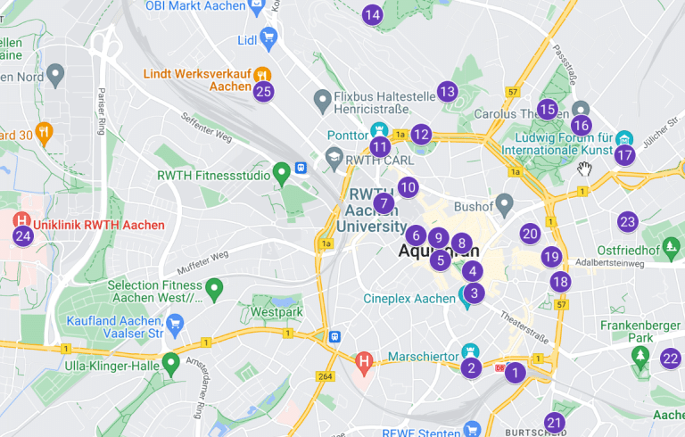 Mapa con los lugares más interesantes de Aquisgrán
