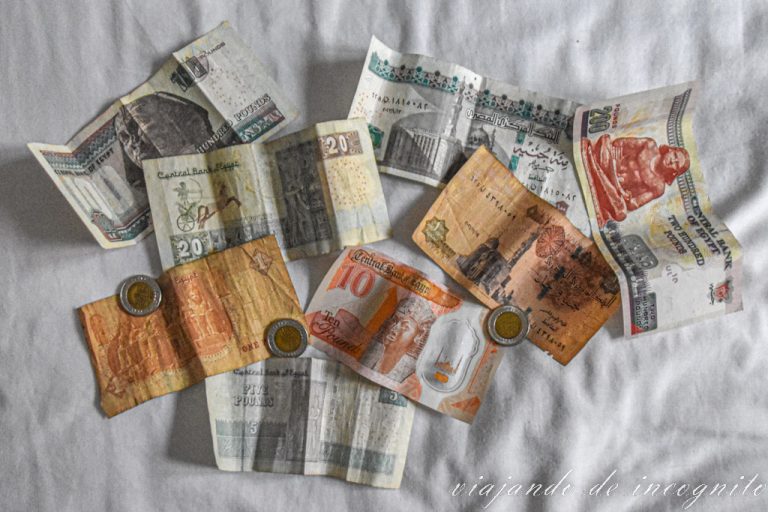 Monedas y billetes egipcios sobre una superficie blanca