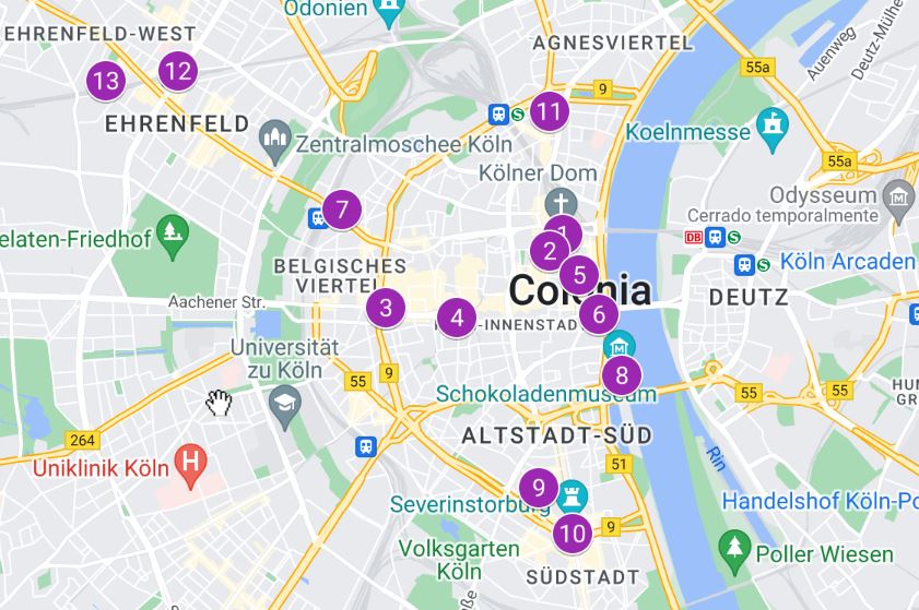 Mapa de Colonia con las localizaciones de los principales mercados de navidad