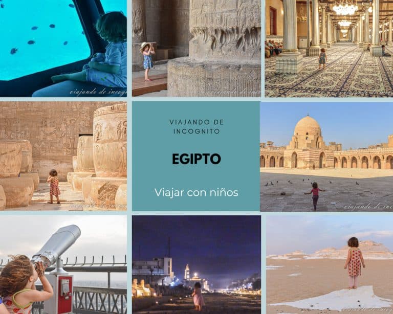 Collage de 8 fotos sobre viajar a Egipto con niños
