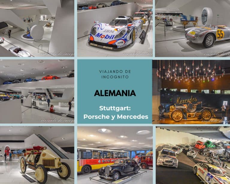 Collage de 8 fotos de museos Porsche y Mercedes en Stuttgart
