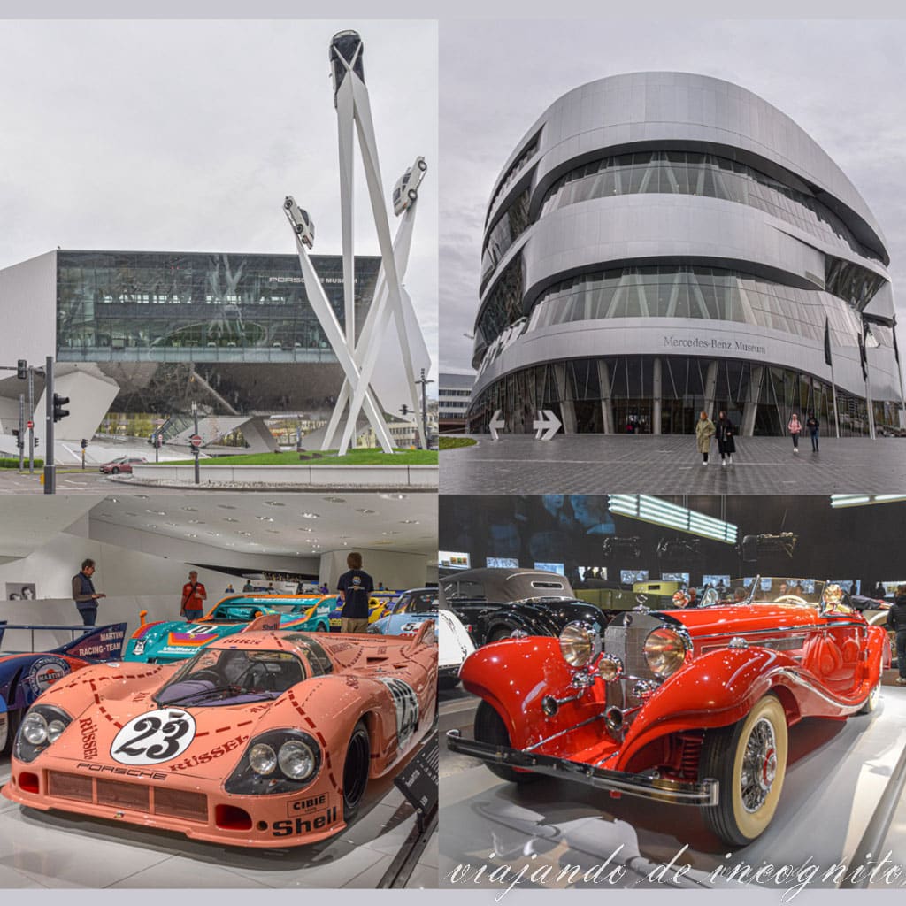 Collage de 4 fotos con el exterior y el interior de los museos Mercedes y Porsche en Stuttgart