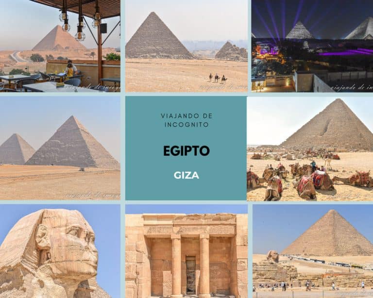 Collage de 8 fotos sobre cómo visitar las pirámides de Giza