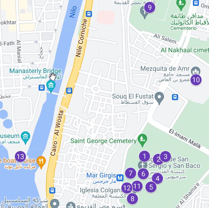 Mapa del barrio copto con los lugares que hay que ver marcados