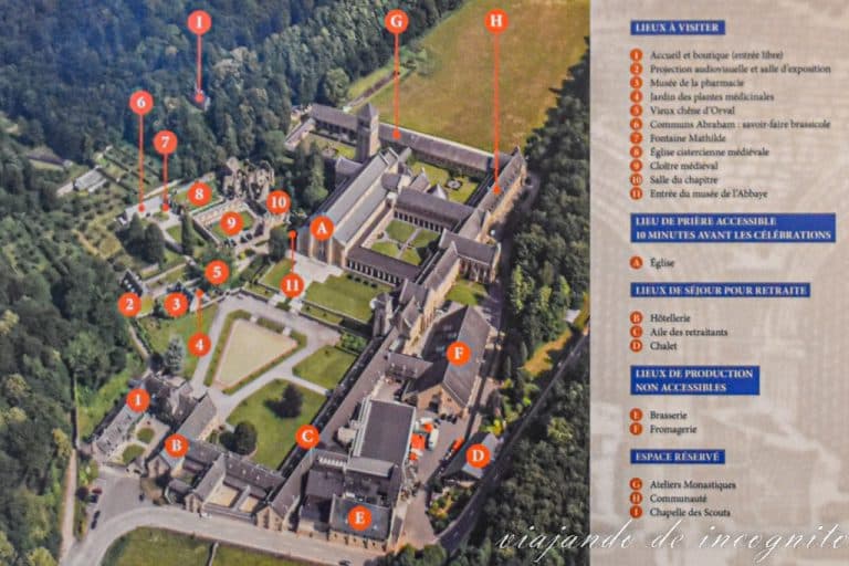 Mapa de la Abadía de Orval, donde se indica los lugares a visitar y los que no son de acceso público