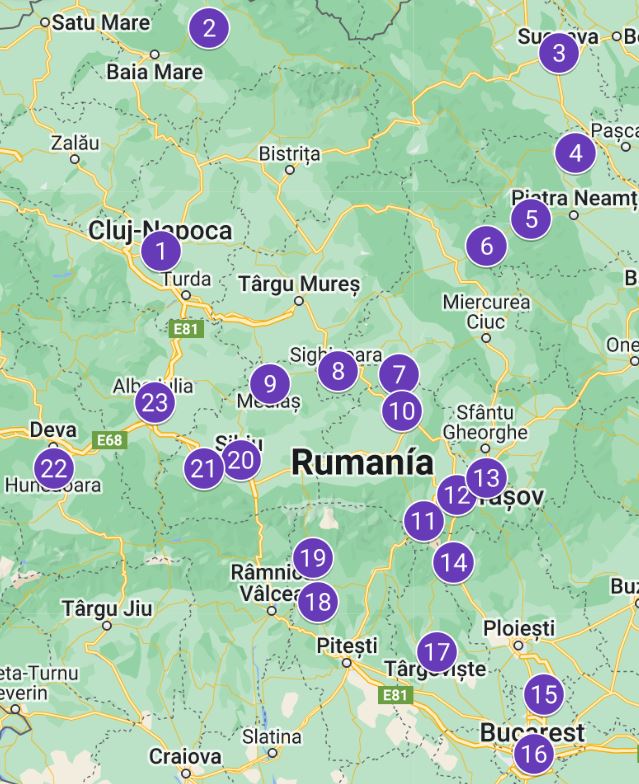 Mapa indicando nuestra ruta por Rumanía de doce días