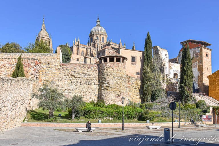 Restos de las murallas de Salamanca con la catedral al fondo.