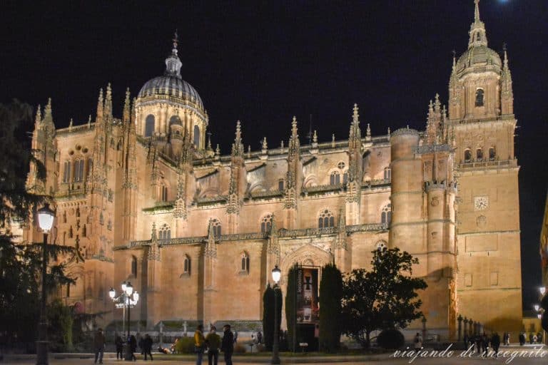 Vista de la catedral Nueva iluminada de noche, Salamanca