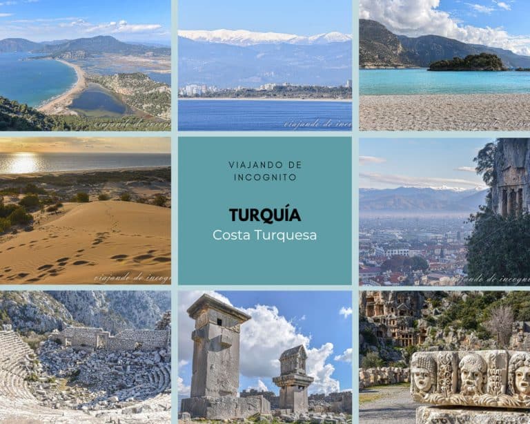 Collage de 8 fotos sobre ruta por la costa turquesa