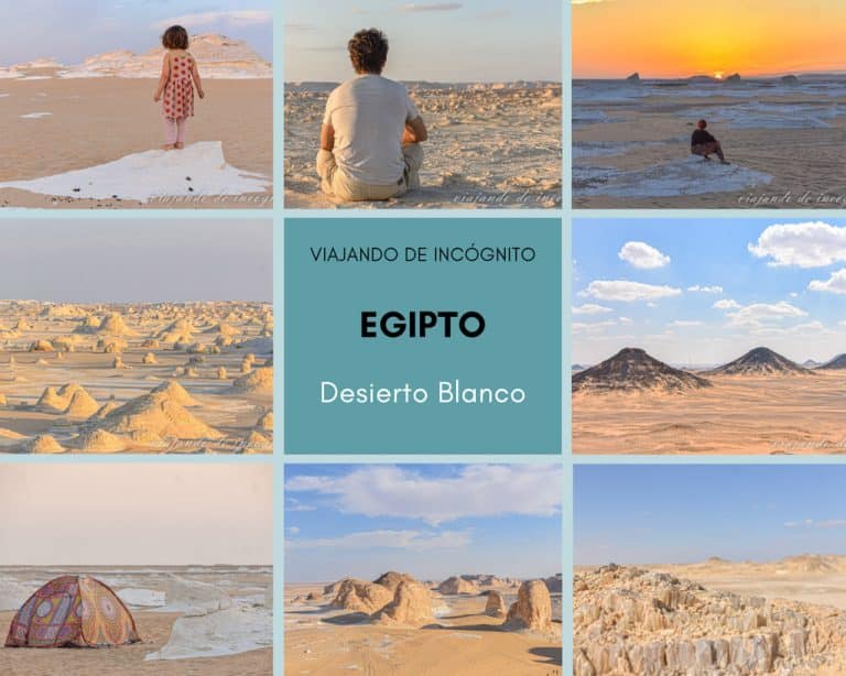 Collage de 8 fotos sobre el desierto blanco en Egipto.