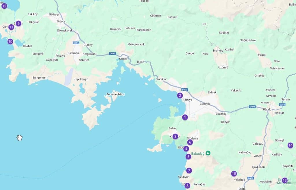 Mapa que indica los lugares que ver en Fethiye y alrededores