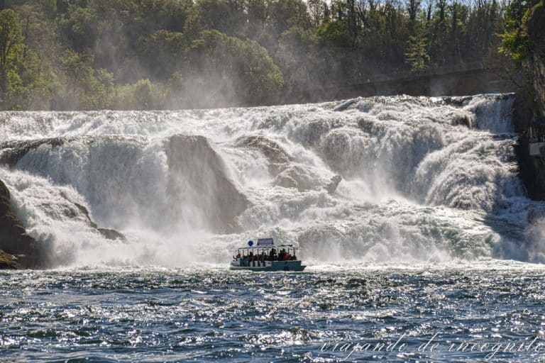 Un barco de color azul se acerca a las cataratas del Rin.