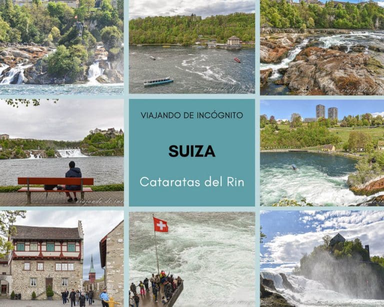 Collage de 8 fotos sobre cómo visitar las cataratas del Rin en Suiza