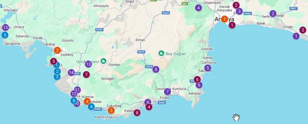 Mapa con los lugares que ver en la Costa Turquesa en la zona de la Costa Licia
