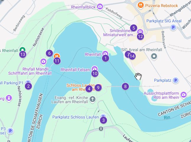 Mapa con los lugares más interesantes que ver al visitar las cataratas del Rin