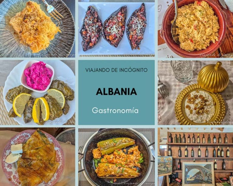 Collage de 8 fotos sobre qué comer en Albania