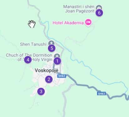 Mapa donde se indican dónde están las iglesias que ver en Voskopoje.