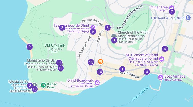 Mapa indicando los lugares más interesantes que ver en el lago Ohrid.