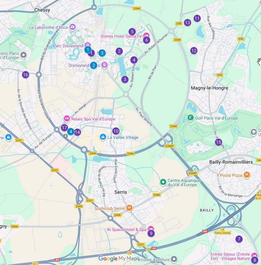 Mapa donde se indican varios alojamientos posibles para dormir en Disneyland Paris