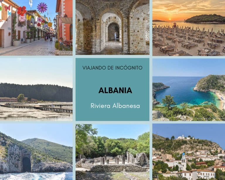 Collage de 8 fotos sobre qué ver en la Riviera Albanesa